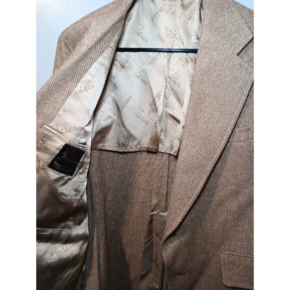 VTG John Weitz USA MADE Tan Herringbone Atomic Fleck Tweed Wool Blazer